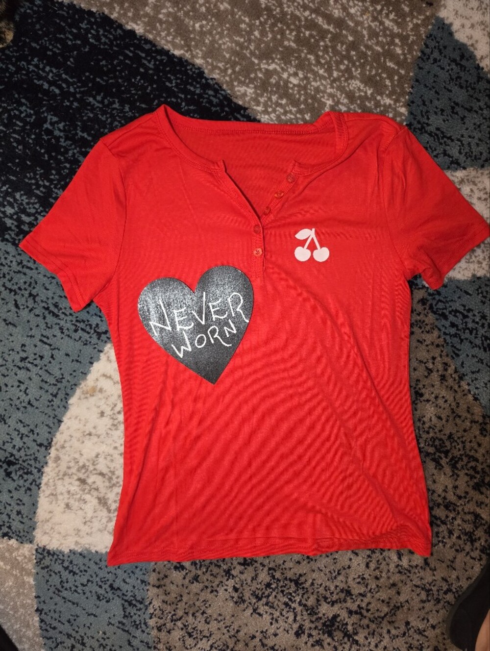 NEW Red Short Sleeve With White Cherry Graphic Henley Tee Size Medium - Picture 2 of 9